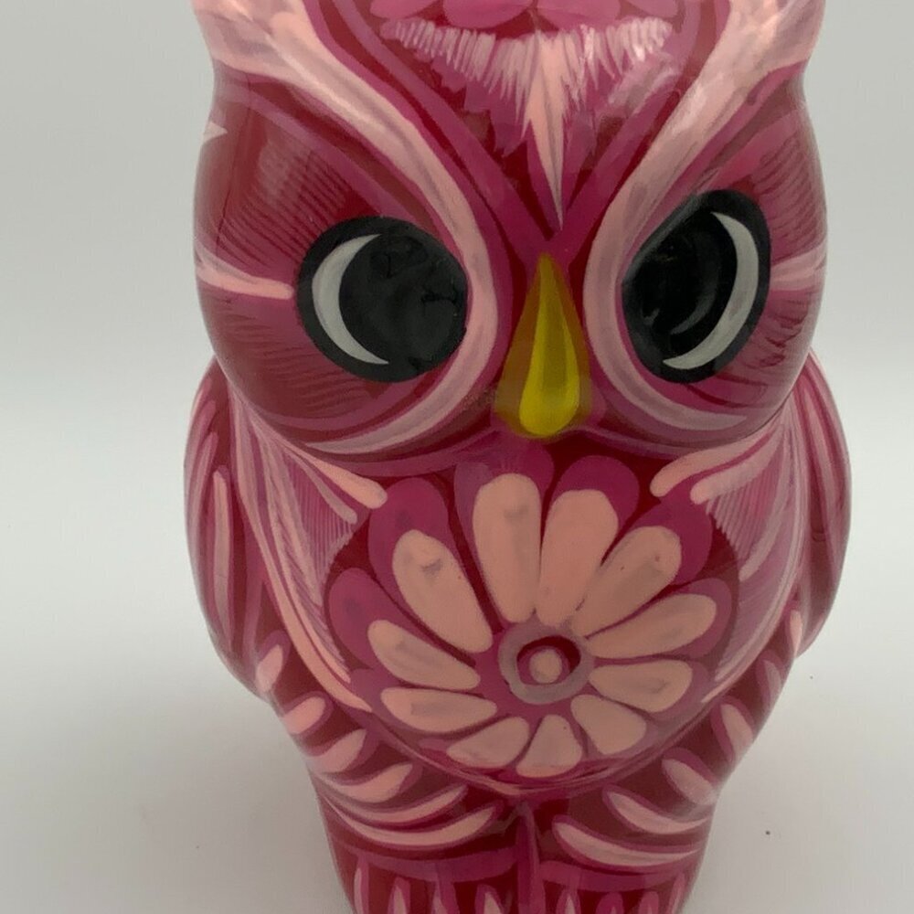 PINK CLAY ART OWL COIN BANK MADE IN MEXICO 7" TALL